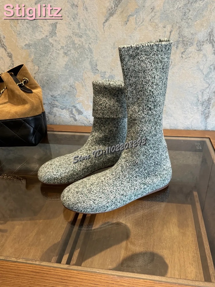 Sock Boot Women - Knitted Round Toe Flat Stretch Boots
