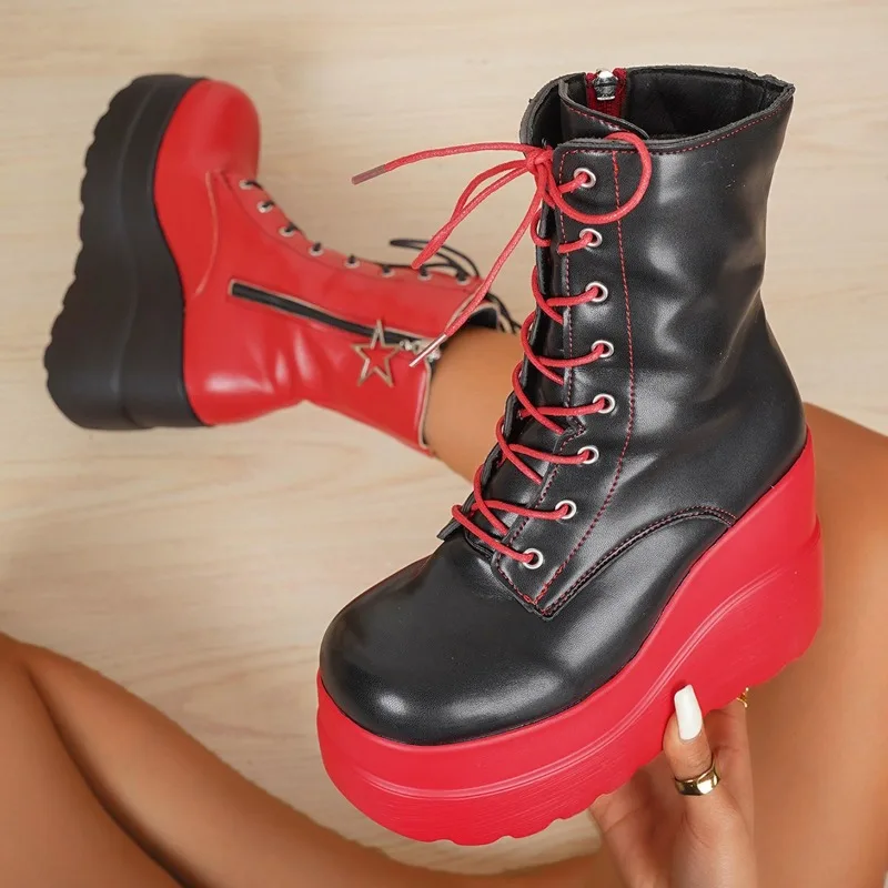 Women'S Shoes Red Bottoms - Punk Gothic Motorcycle Boots Platform Chunky