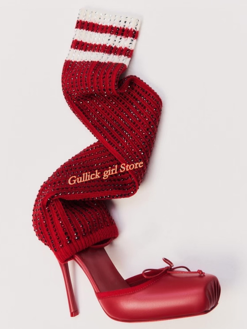 Red Knit Square Toe Boots Cut  - огляд і ціна Sock Boot Women